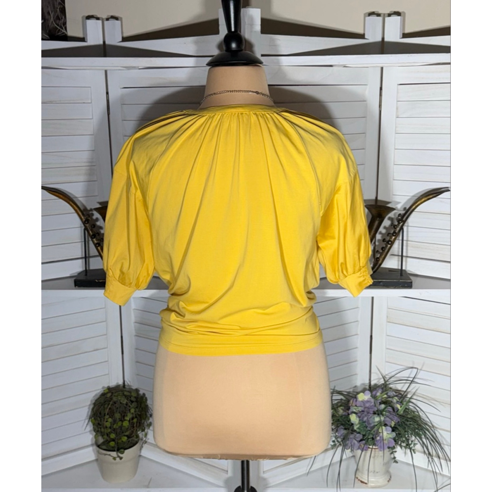 Chico's yellow puffed sleeves top tie knot front waist length blouse sz XL - Picture 2 of 10